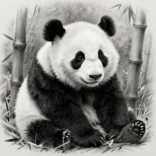 Digital drawing of a black-and-white panda sitting among bamboo stalks and grass, with detailed fur and expressive eyes, in monochrome grayscale.