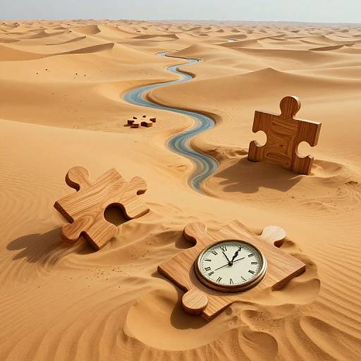 Photograph of a surreal desert landscape with a winding blue river, wooden puzzle pieces, and a clock in golden sand dunes.