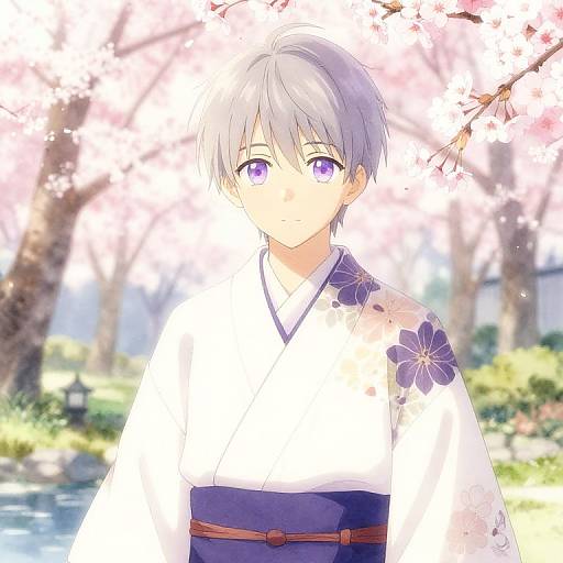 Anime-style digital artwork of a silver-haired, purple-eyed character in a white kimono with blue floral patterns, standing under cherry blossoms.