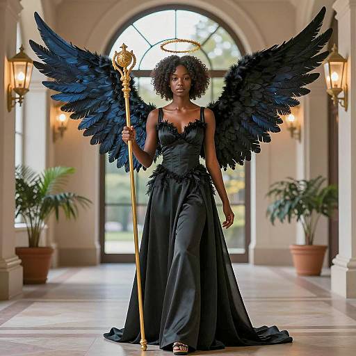Black Angel with Golden Halo and Staff