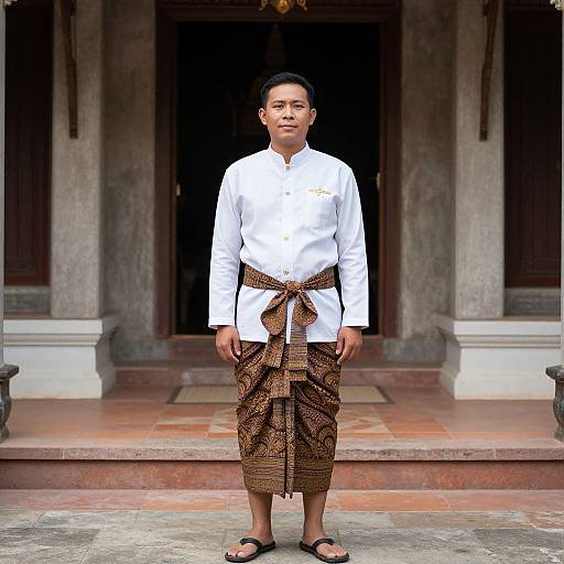 Photograph of a young Southeast Asian man in white shirt, brown patterned sarong, black sandals, standing in front of stone building.