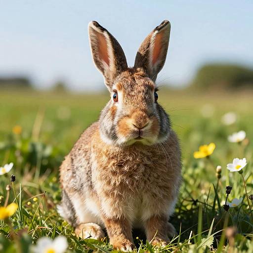 Photograph of a brown, gray, and white rabbit with upright ears, sitting in a sunlit field of green grass and yellow daisies.