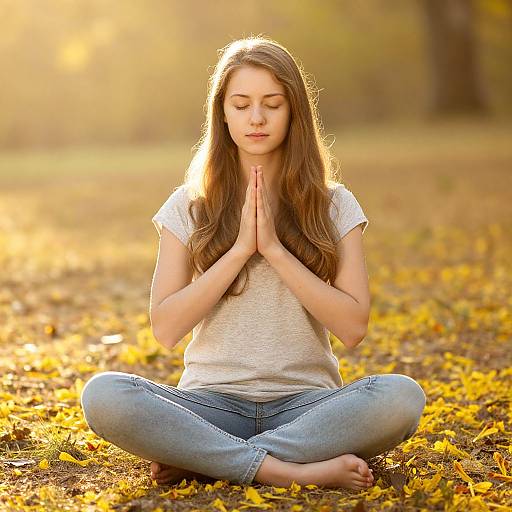 Photograph of a young woman with long brown hair, closed eyes, and a serene expression, sitting cross-legged in a sunlit autumn field, hands