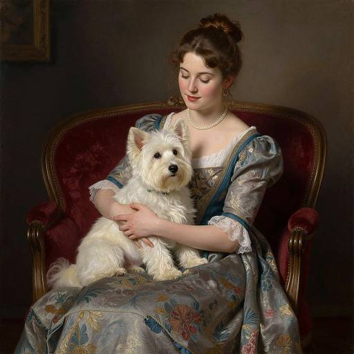 Photograph-style painting of a fair-skinned woman with brown hair in a floral, Victorian dress, cradling a fluffy white terrier on a