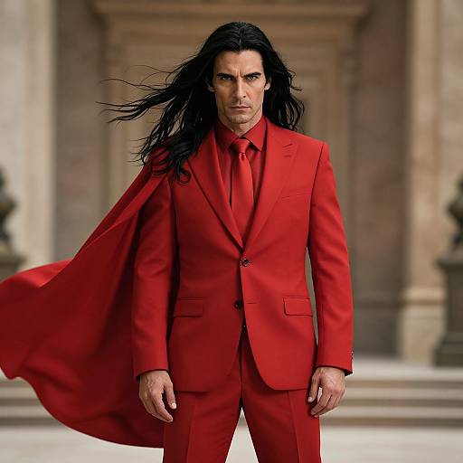 Photograph of a serious, long-haired man in a vibrant red suit with a matching cape, standing against a blurred classical architectural background.