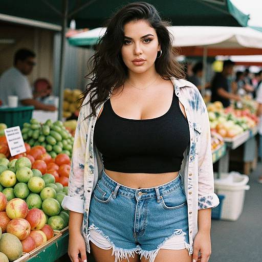 Photograph of a confident, curvy woman with long dark hair, wearing a black crop top, denim shorts, and a white floral jacket, standing