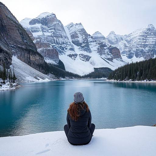 Woman by Serene Snowy Mountain Lake