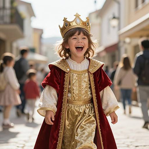 Photograph of a laughing, brown-haired girl in a gold and red royal costume with a crown, standing in a sunlit, busy European street.
