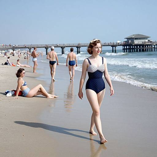 Photograph of a sunny beach with a woman in a navy and white striped swimsuit walking, others lounging, and a pier in the background.