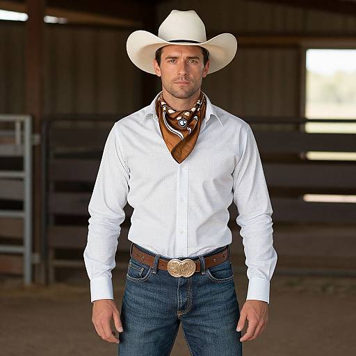 Photograph of a handsome, bearded man in a white cowboy hat, white shirt, brown bandana, and blue jeans, standing in a barn