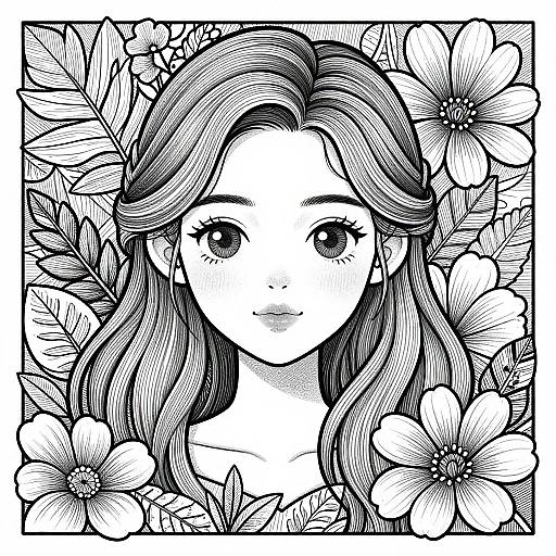 Black-and-white manga-style drawing of a young woman with long, wavy hair surrounded by detailed floral patterns, featuring large, blooming flowers.
