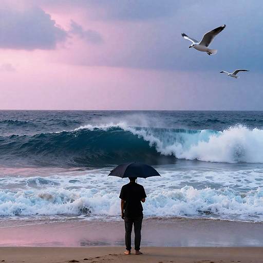 Person with Umbrella Facing Giant Wave