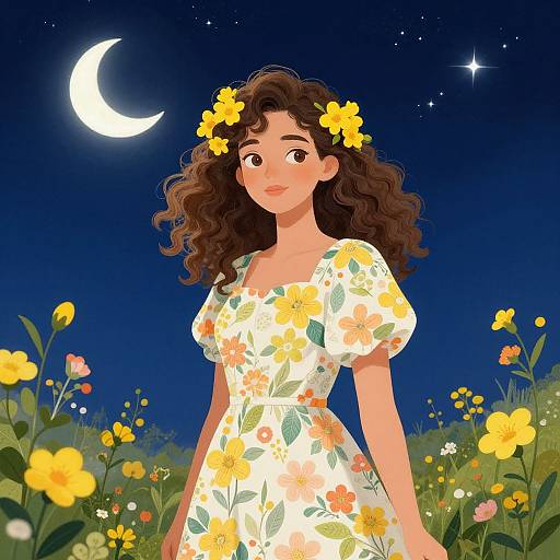 Digital illustration of a curly-haired woman with yellow flowers in her hair, wearing a floral dress, standing in a moonlit field of yellow flowers under a
