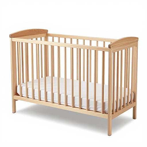 Photograph of a wooden baby crib with vertical slats, white mattress, and curved head and foot rails, set against a plain white background.