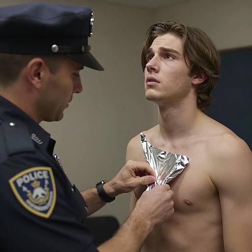 Police Officer Taping Silver Foil on Young Man's Chest