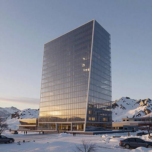 Modern Glass Building with Snowy Mountain Backdrop