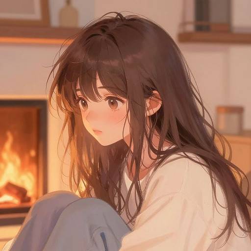 Digital anime-style drawing of a young woman with long, dark brown hair, sitting by a glowing fireplace, wearing a white shirt and blue pants, with
