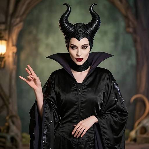 Photograph-style digital art of a pale-skinned woman with black, horned headdress, black gothic robe, high collar, red lipstick,