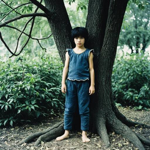 Boy Standing Barefoot by Tree in Nature