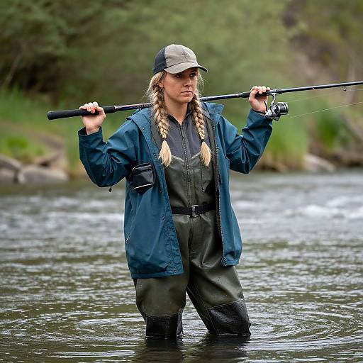 Woman Fishing in Blue-Green Coat