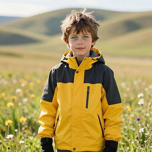 Boy in Cozy Jacket in Sunny Meadow