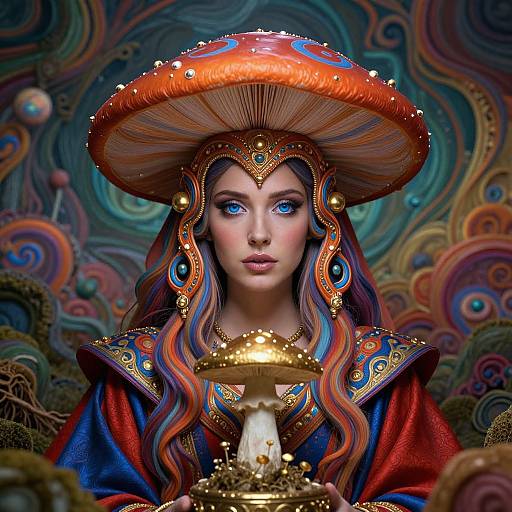 Digital fantasy artwork of a blue-eyed woman with long, wavy red and blue hair, wearing an ornate mushroom hat and holding a glowing mushroom,