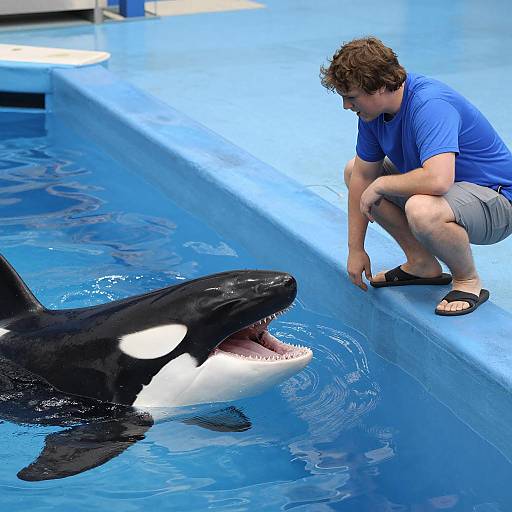 Man Interacting with Orca in Pool