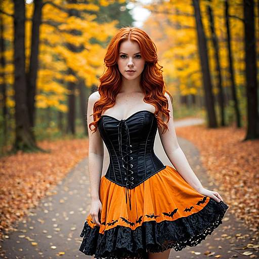 Redhead Woman in Halloween Costume in Autumn Forest