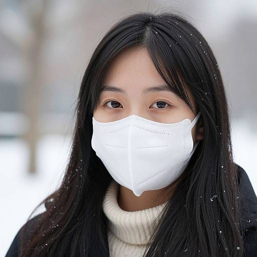 Photograph of an Asian woman with long black hair wearing a white mask and white turtleneck, against a snowy, blurred background.