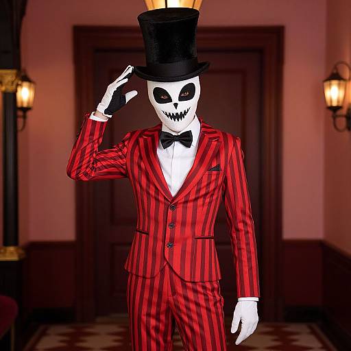 Digital artwork of a skeletal figure in a red striped suit, black top hat, and bow tie, saluting, in a dimly lit hallway with
