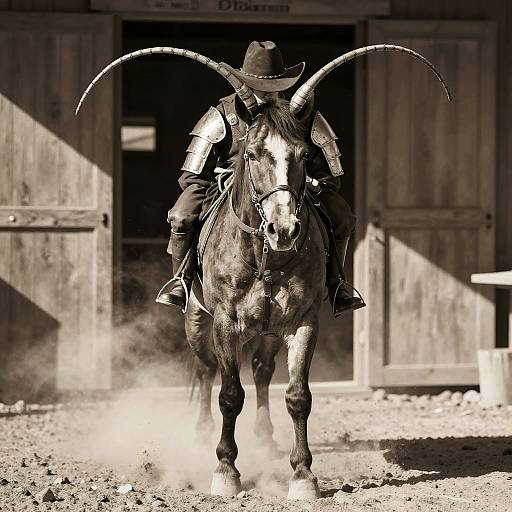 Black-and-white photograph of a cowboy with large horns, wearing a hat and leather gear, riding a horse towards a wooden barn. Dust kicks up beneath
