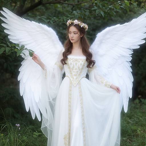 Photograph of a fair-skinned, long-haired woman with large white angel wings, wearing a gold-embroidered white dress and flower crown,