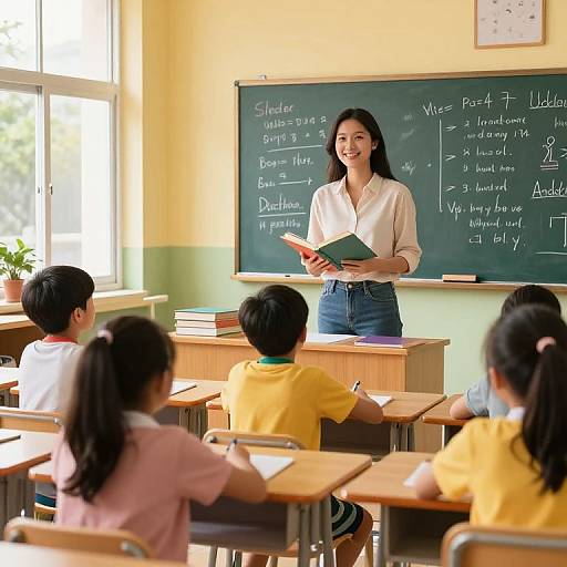 Photograph of an Asian female teacher in white blouse and blue jeans, smiling while writing on a chalkboard, teaching five young students in yellow shirts seated