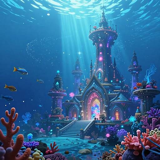 Digital artwork of an underwater fantasy castle with glowing lights, colorful coral reefs, and fish, bathed in sunlight from above.