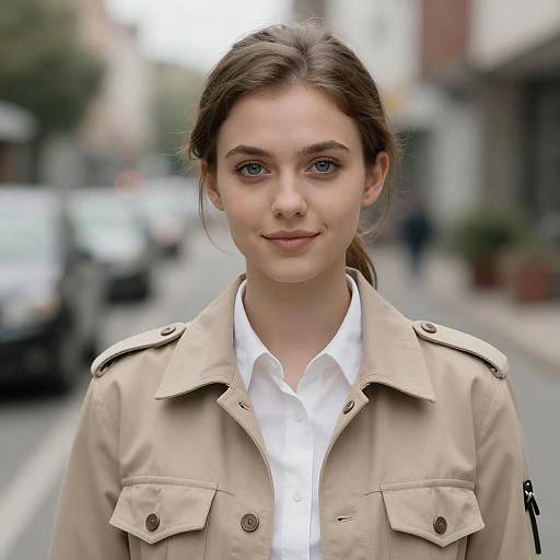 Young woman in beige jacket outdoors