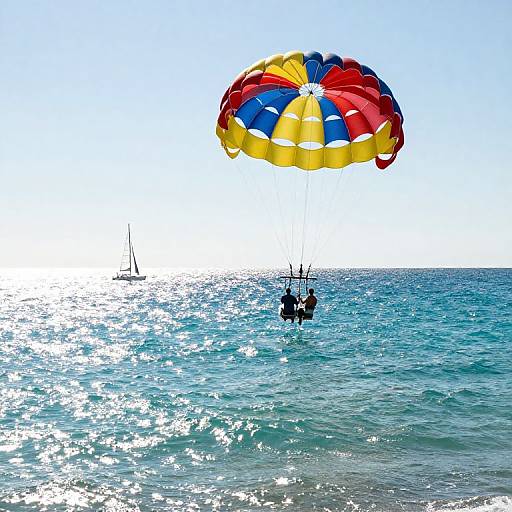 Photograph of two people parasailing over shimmering blue ocean, under a vibrant red, yellow, and blue parachute, with a distant sailboat on