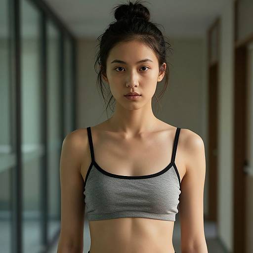 Photograph of a young Asian woman with dark hair in a messy bun, wearing a gray sports bra with black straps, standing indoors in a modern,
