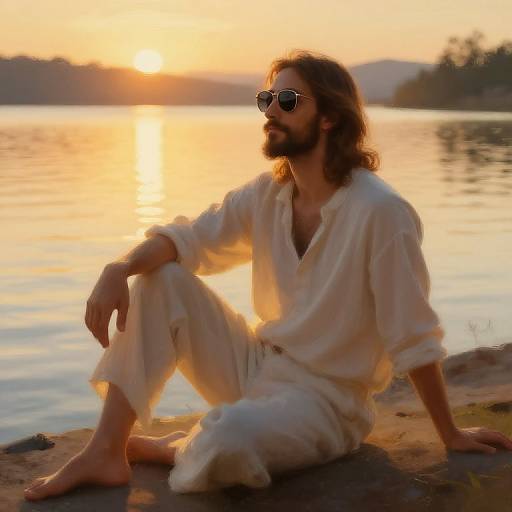 Jesus by Tranquil Lake at Sunset