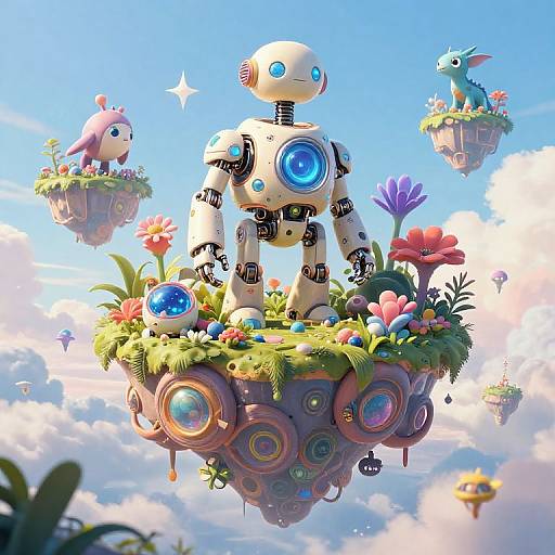 Digital illustration of a cute, white, robot with blue glowing eyes standing on a floating, flower-covered, circular platform in a bright, blue sky.