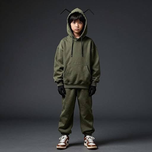 Boy in Pestilence Costume with Olive Green Hoodie and Antennae