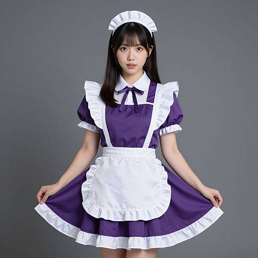 Photograph of an Asian woman with straight black hair in a traditional purple and white French maid outfit, standing against a gray background, holding out the skirt