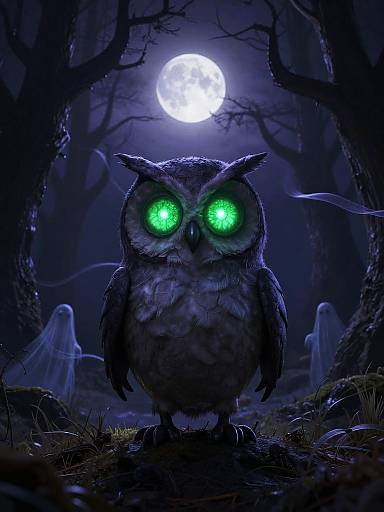 Digital artwork of a glowing green-eyed owl with dark feathers standing in a spooky, moonlit forest, surrounded by ghostly figures.