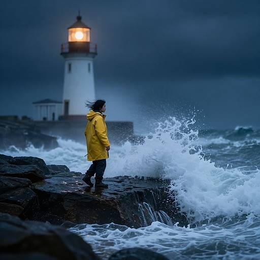Photograph of a person in a yellow raincoat standing on rocky shore, waves crashing, lit lighthouse in stormy, dark blue sky.