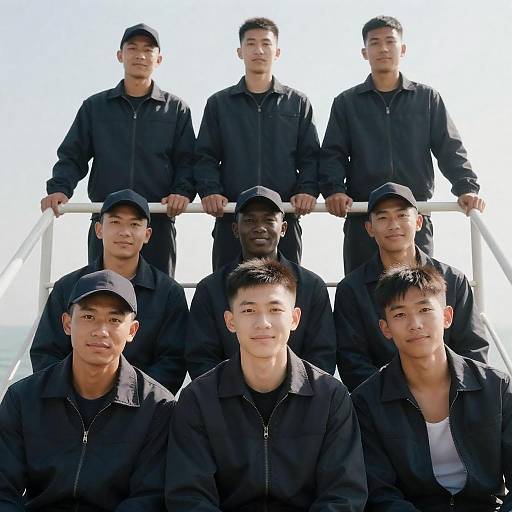 Sunlit Young Men on Ship Deck