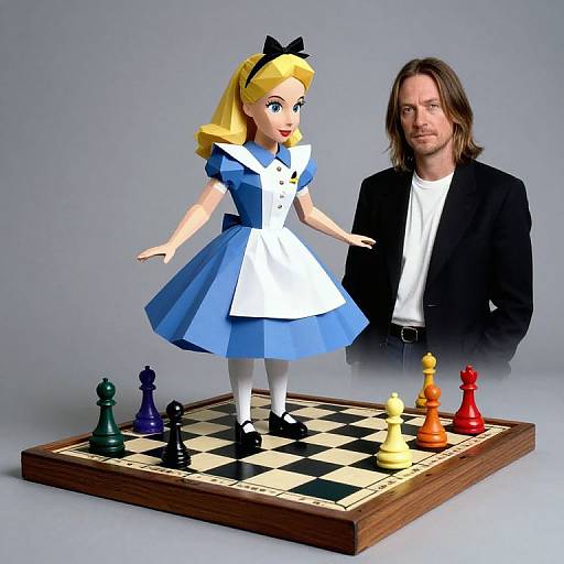 Photograph of a 3D cartoon-style blonde Alice doll in blue dress and white apron, standing on a wooden chessboard, with a man
