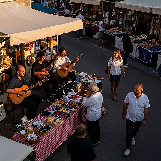 Photograph of a bustling outdoor market stall with four musicians playing guitars, customers browsing, and tables displaying goods under white tents.