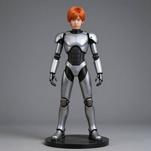 Photograph of a small, detailed, silver and black robotic figurine with orange hair, standing on a black circular base against a gray background.