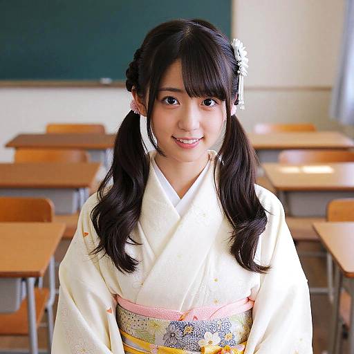Photograph of an Asian woman with long black hair in twin pigtails, wearing a white kimono with pink and yellow obi, smiling in