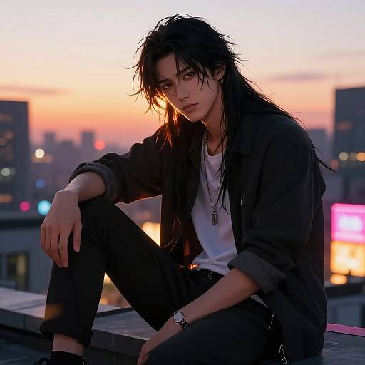 Photograph of a pensive young man with wet, black hair, sitting on a rooftop at sunset, wearing a black jacket, white tee, and