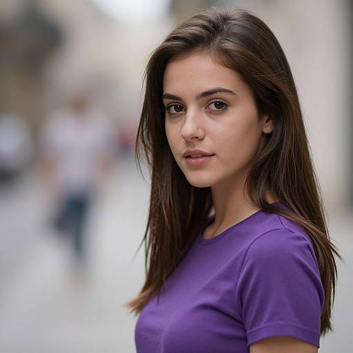 Photograph of a young woman with long brown hair, light skin, and brown eyes, wearing a purple shirt, standing in a blurred urban street.